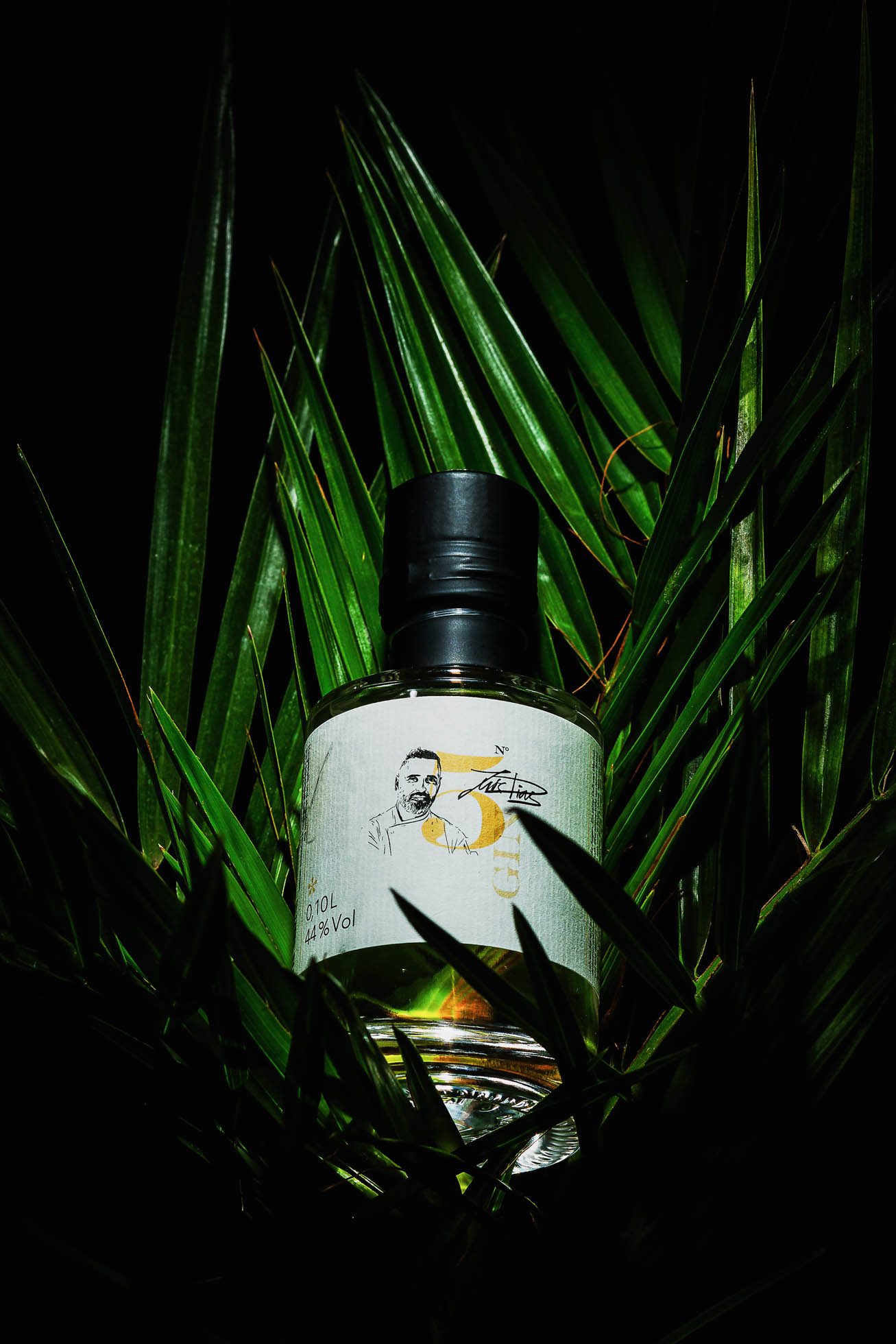 Butelka ginu z czarnym korkiem jest umieszczona wśród zielonych liści palmowych. Etykieta, o minimalistycznym designie z ilustracją mężczyzny w czerni i bieli oraz tekstem „GIN”, wyróżnia się znakomicie. Scena, doskonale uchwycona przez Fotografia reklamowa Trójmiasto, jest dramatycznie oświetlona na uderzającym czarnym tle.