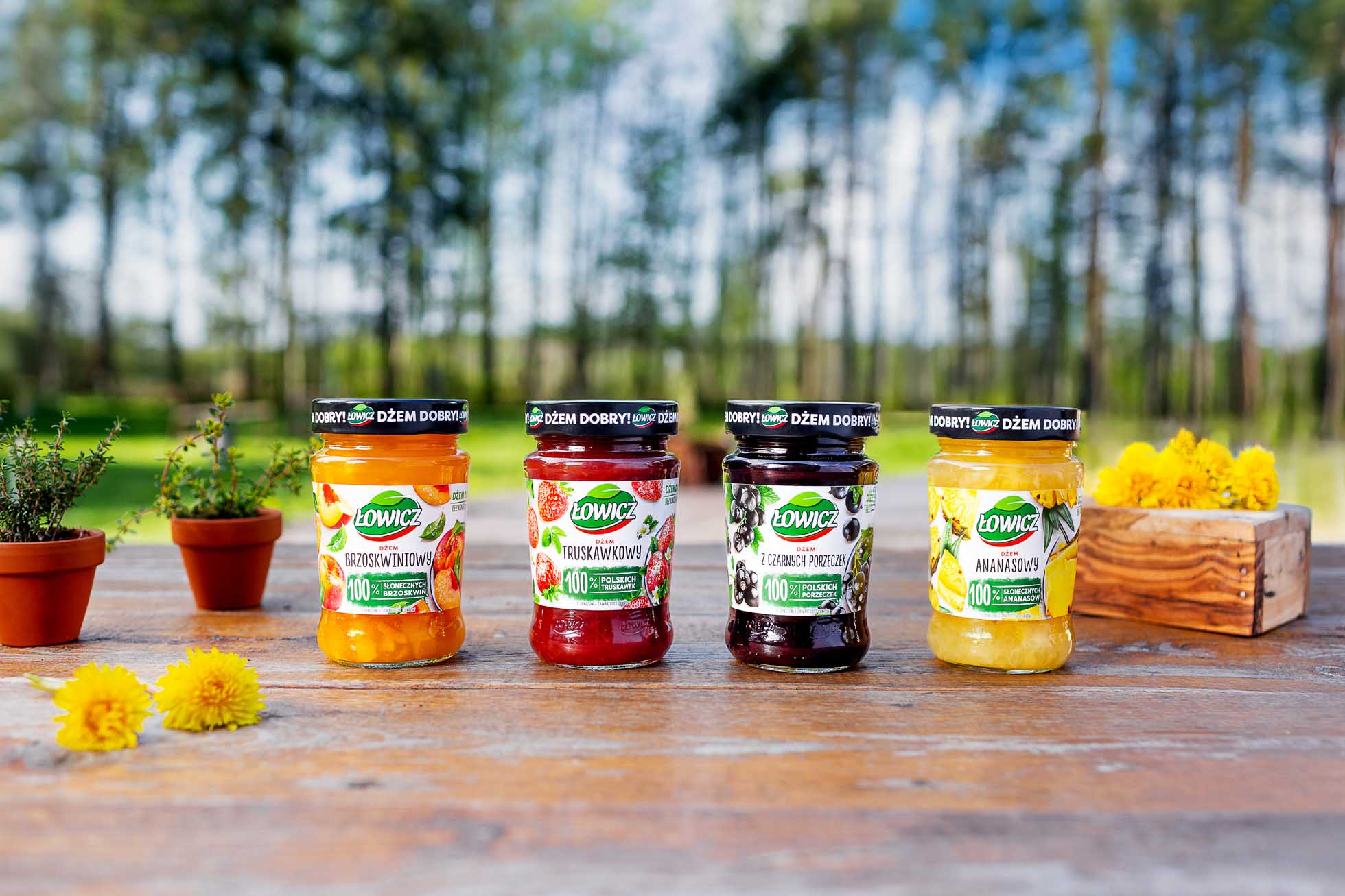 Cztery szklane słoiki dżemu owocowego Łowicz ustawione na drewnianym stole na zewnątrz. Słoiki zawierają dżem brzoskwiniowy, truskawkowy, wiśniowy i ananasowy. Stół zdobią małe rośliny doniczkowe i żółte kwiaty. Drzewa i zieleń są widoczne na rozmytym tle — idealna scena dla Fotografia produktowa i kulinarna Gdańsk.
